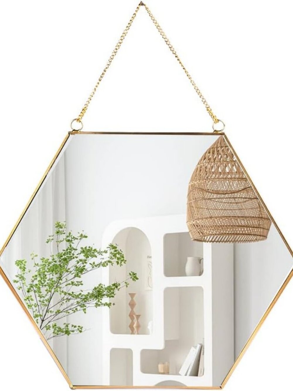 Geometric Gold Hexagon Wall Mirror with Chain for Bathroom, Bedroom, Living Room